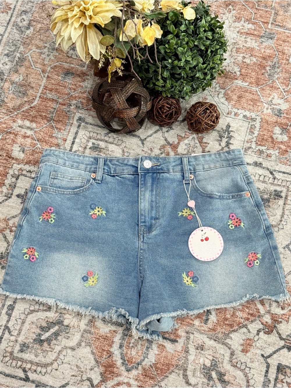 Blue Embroidered Denim Shorts - Floral Accent